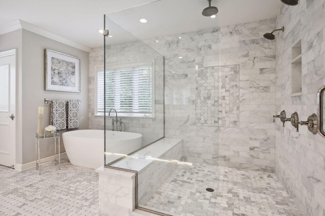 bathroom featuring crown molding and independent shower and bath