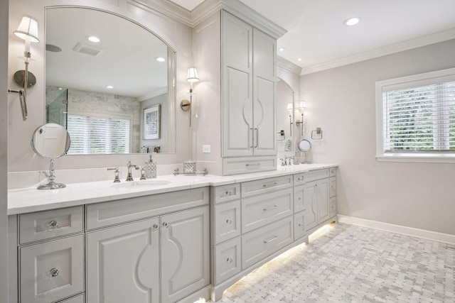 bathroom with vanity, a wealth of natural light, ornamental molding, and a shower with shower door