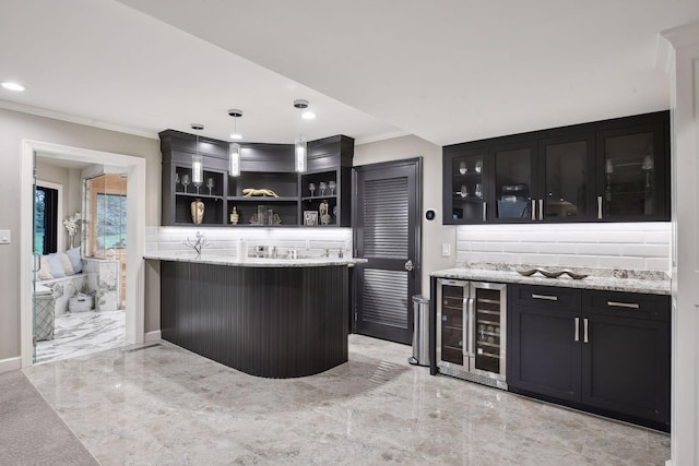 bar with pendant lighting, wine cooler, crown molding, and decorative backsplash