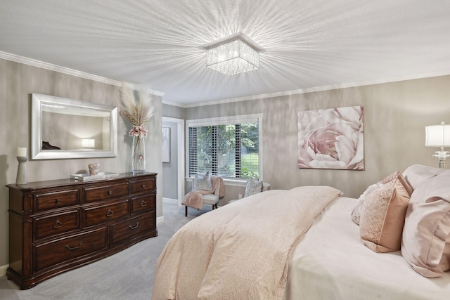 bedroom featuring light carpet, crown molding, and a chandelier