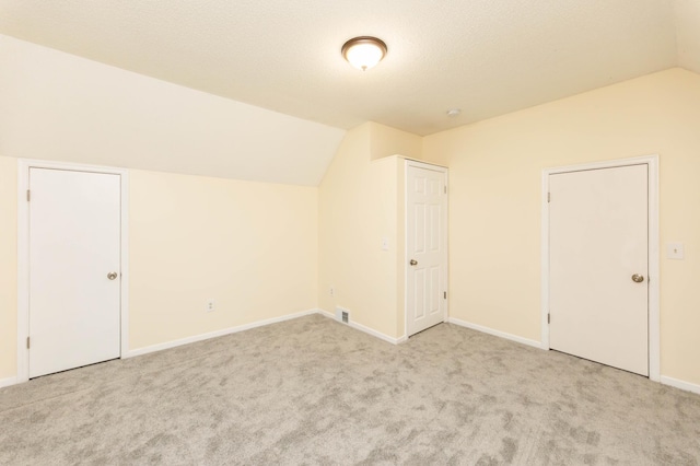 additional living space featuring vaulted ceiling, light colored carpet, and a textured ceiling