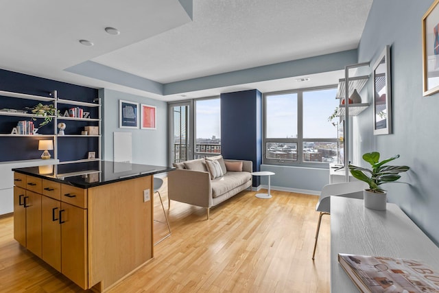 interior space with a textured ceiling, light wood finished floors, and baseboards