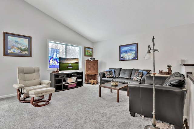 living room with carpet flooring and vaulted ceiling