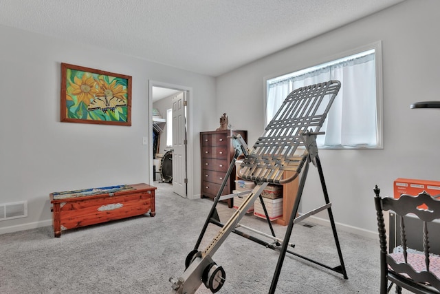 bedroom featuring light colored carpet, a textured ceiling, and a walk in closet