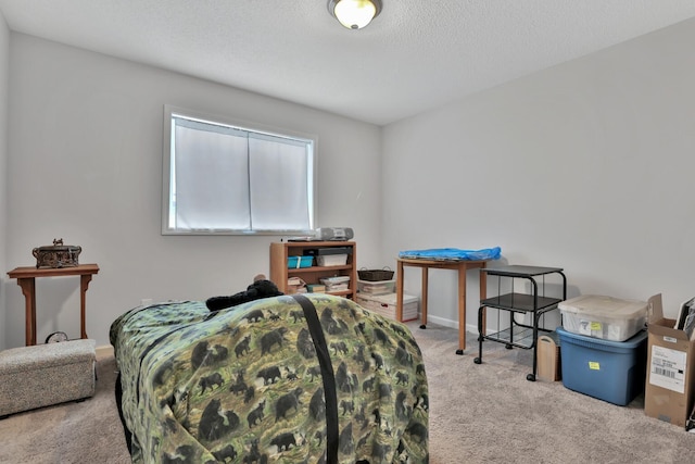 living area with light carpet and a textured ceiling