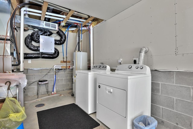 laundry area with water heater and washer and dryer