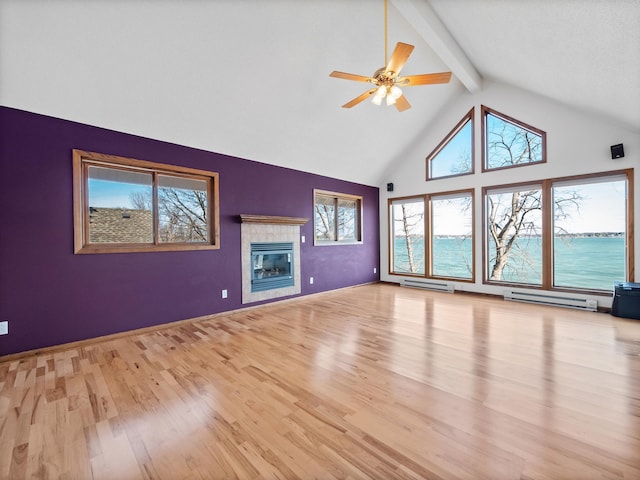 6451 Stardust Ln NE, Carlos Twp, MN 56308 - unfurnished living room featuring light wood-style flooring, ceiling fan, beamed ceiling, a baseboard heating unit, and high vaulted ceiling