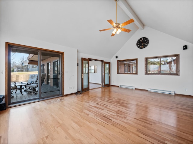 6451 Stardust Ln NE, Carlos Twp, MN 56308 - unfurnished living room featuring high vaulted ceiling, baseboard heating, light wood-style flooring, beam ceiling, and a ceiling fan