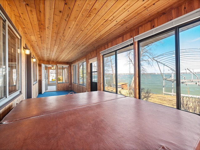 6451 Stardust Ln NE, Carlos Twp, MN 56308 - unfurnished sunroom with a water view, wood walls, and wooden ceiling