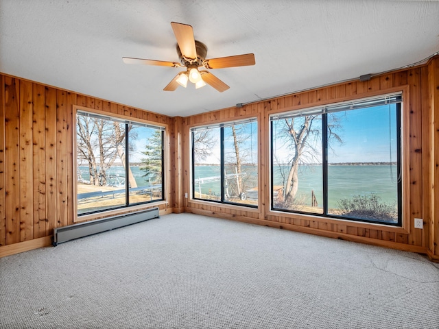 6451 Stardust Ln NE, Carlos Twp, MN 56308 - carpeted empty room with baseboard heating, wood walls, ceiling fan, and a water view