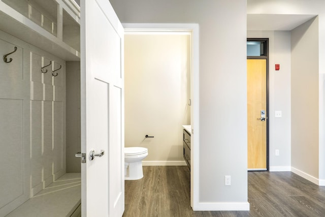 bathroom with vanity, hardwood / wood-style flooring, and toilet