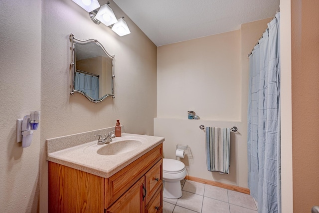 bathroom featuring tile patterned floors, toilet, curtained shower, radiator heating unit, and vanity