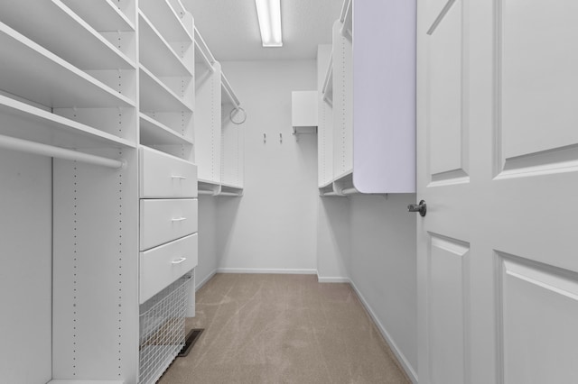 spacious closet featuring light colored carpet and visible vents