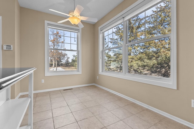 unfurnished dining area with visible vents, baseboards, and a ceiling fan