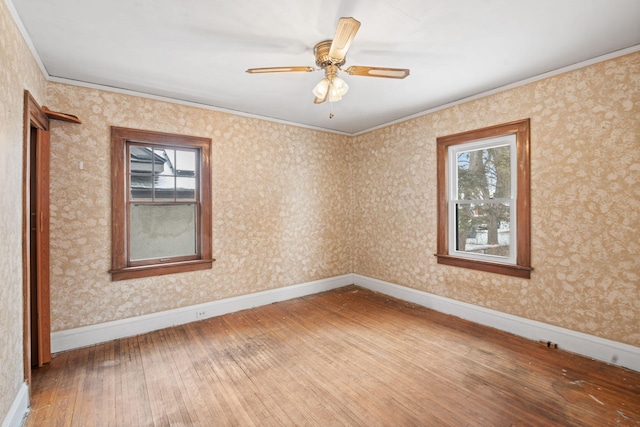 empty room with wood-type flooring, crown molding, and ceiling fan