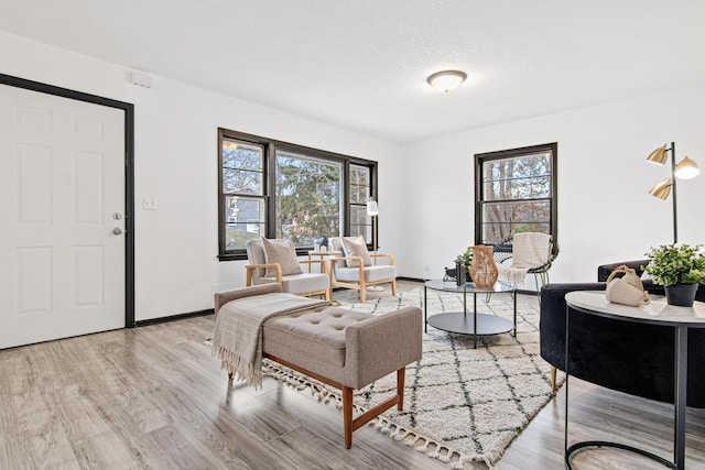 living room with light hardwood / wood-style floors, a textured ceiling, and a wealth of natural light