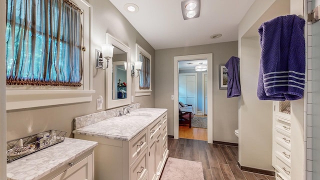 bathroom with hardwood / wood-style flooring, vanity, and toilet