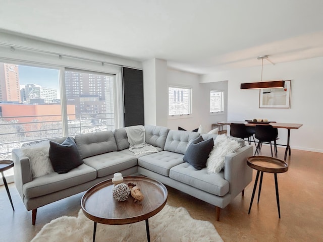 living area with a view of city and baseboards