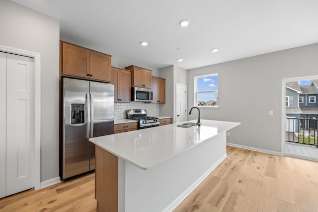 kitchen with sink, light wood-type flooring, appliances with stainless steel finishes, a kitchen island with sink, and backsplash