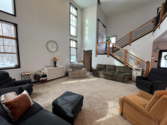 carpeted living room with a high ceiling