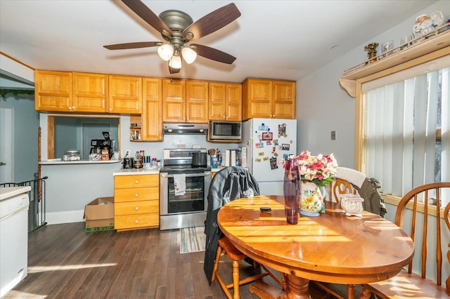 kitchen featuring appliances with stainless steel finishes, under cabinet range hood, ceiling fan, dark wood-type flooring, and light countertops