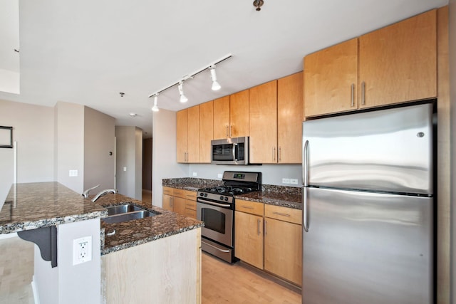 kitchen featuring a sink, appliances with stainless steel finishes, light wood-type flooring, dark stone counters, and a center island with sink