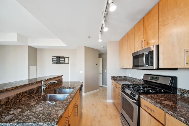 kitchen featuring baseboards, light wood-style flooring, appliances with stainless steel finishes, dark stone countertops, and a sink