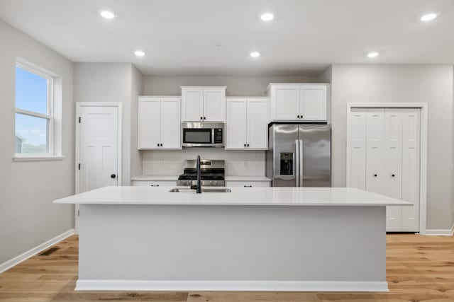 kitchen featuring sink, appliances with stainless steel finishes, an island with sink, white cabinets, and decorative backsplash