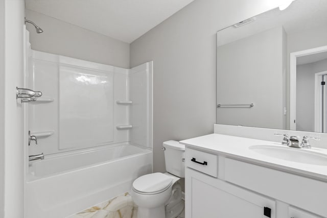 full bathroom with vanity, toilet, and bathing tub / shower combination