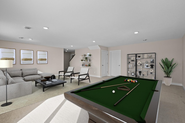 recreation room featuring pool table and carpet flooring