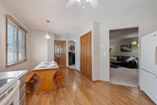 interior space with a textured ceiling, light wood finished floors, a ceiling fan, and baseboards