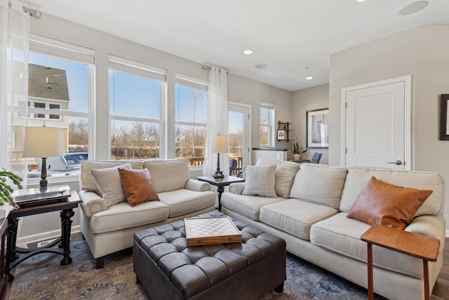 living room with recessed lighting