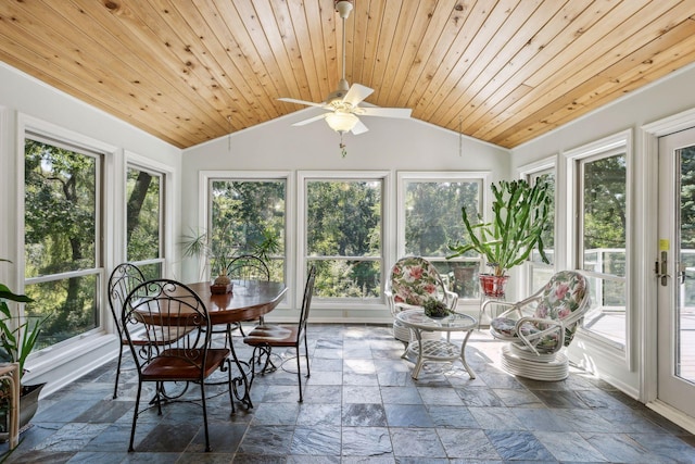 sunroom featuring wood ceiling, vaulted ceiling, and ceiling fan