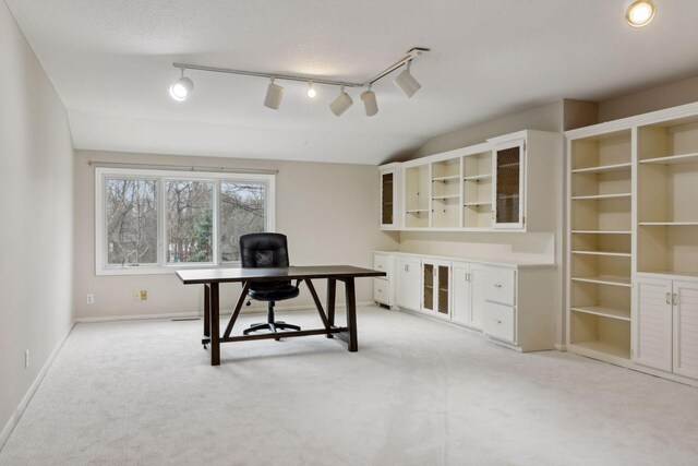 home office with vaulted ceiling, light carpet, and a textured ceiling