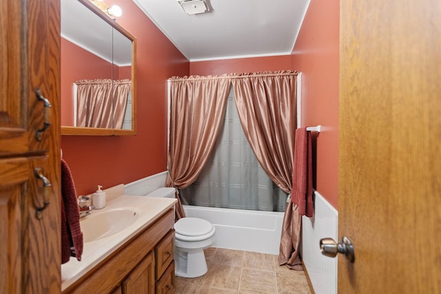 full bathroom with shower / bathtub combination with curtain, crown molding, tile patterned flooring, vanity, and toilet