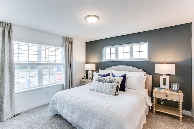 bedroom with carpet floors, multiple windows, and a textured ceiling