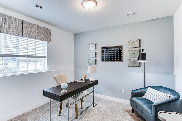 home office with light colored carpet and a textured ceiling