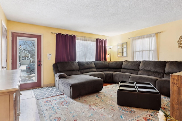 living room with light hardwood / wood-style flooring and a textured ceiling