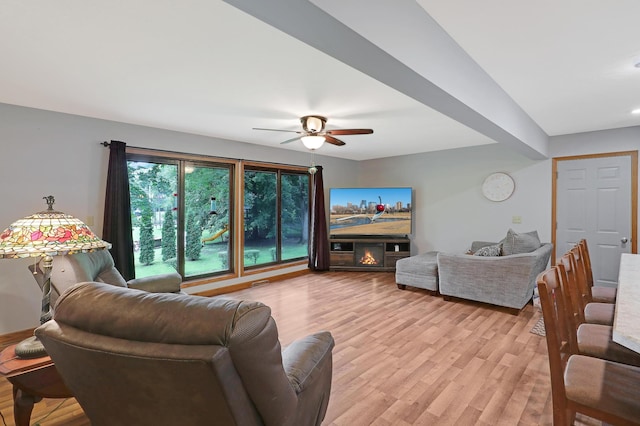 living room with ceiling fan and light wood-type flooring