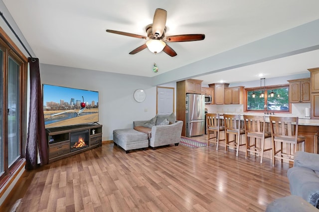 living room with ceiling fan and light wood-type flooring