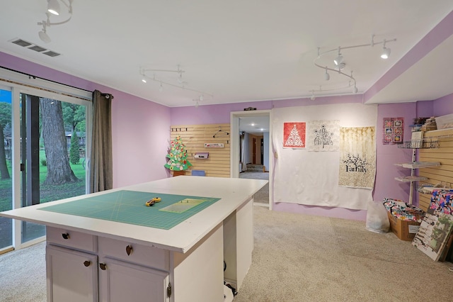 kitchen featuring rail lighting, light carpet, a kitchen island, and white cabinets