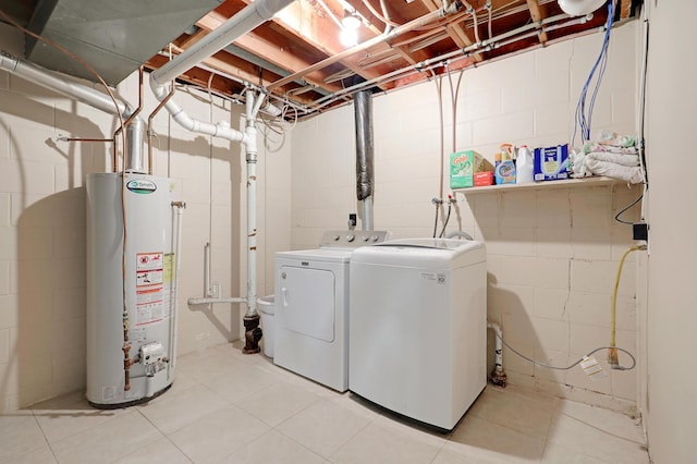 laundry room with gas water heater and washer and clothes dryer