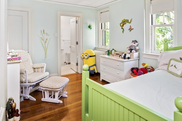 bedroom featuring multiple windows, radiator, and dark wood-type flooring