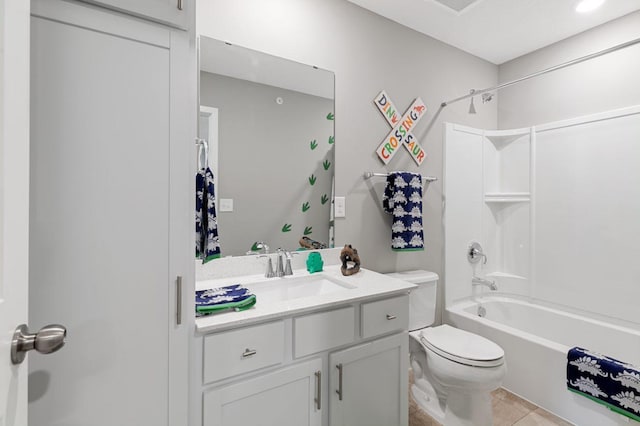 full bathroom with vanity, tile patterned flooring, bathing tub / shower combination, and toilet