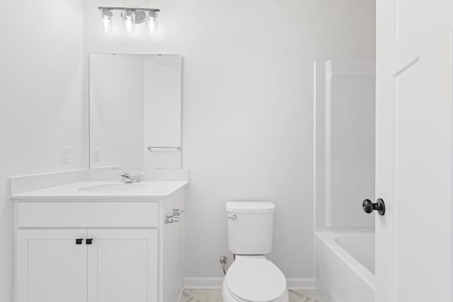 bathroom featuring shower / bath combination, baseboards, toilet, marble finish floor, and vanity