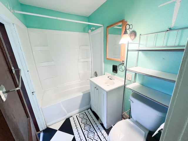 full bathroom featuring vanity, washtub / shower combination, and toilet