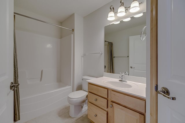 full bathroom featuring tile patterned flooring, vanity, toilet, and shower / tub combo with curtain