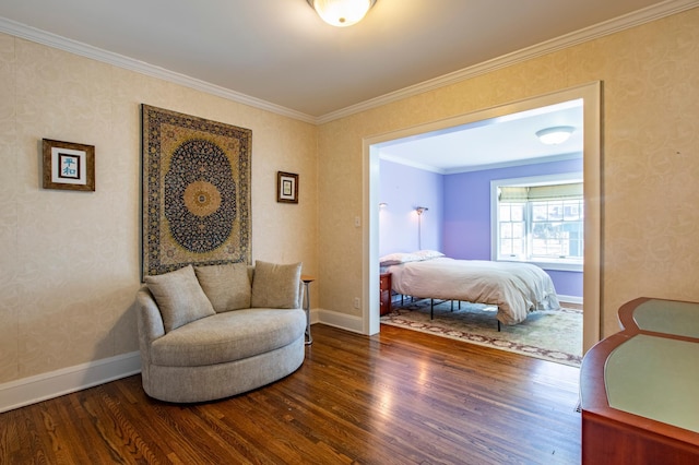 bedroom with ornamental molding and dark wood-type flooring