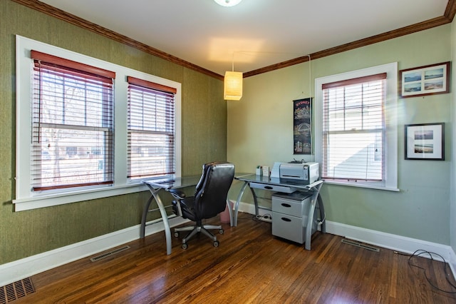 office featuring crown molding and dark hardwood / wood-style floors