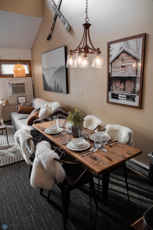 carpeted dining area with a baseboard radiator